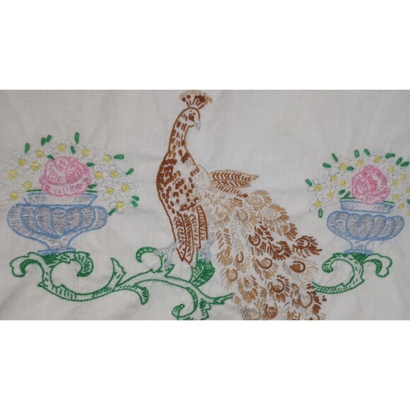 Peacocks Hand Embroidered Vintage Pillowcase Standard Single Cotton lace - Picture 7 of 7
